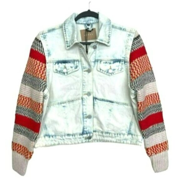 BLANK NYC $198 Large Happy Promises Striped Knit Denim Trucker Jacket NWT - Picture 6 of 10